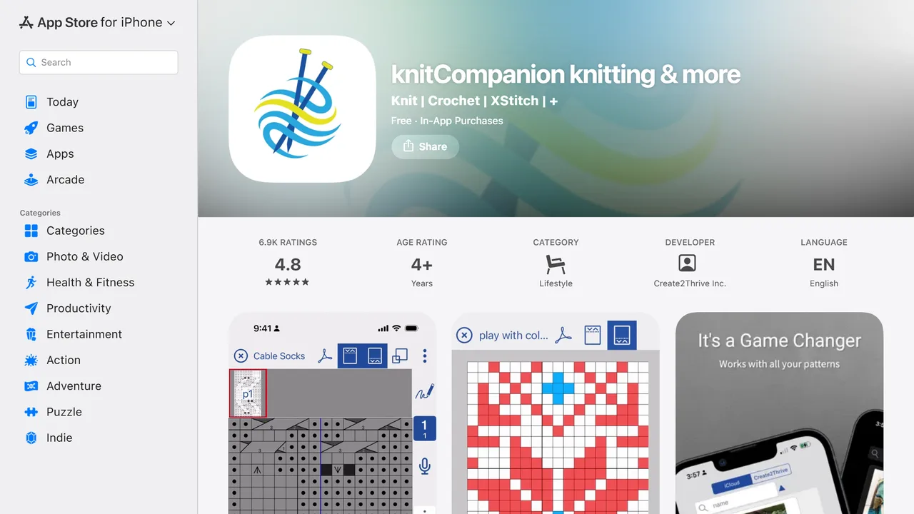 knitCompanion, capture de septembre 2026 La fiche knitCompanion sur l'App Store, avec ses 6 900 avis et ses captures de grilles