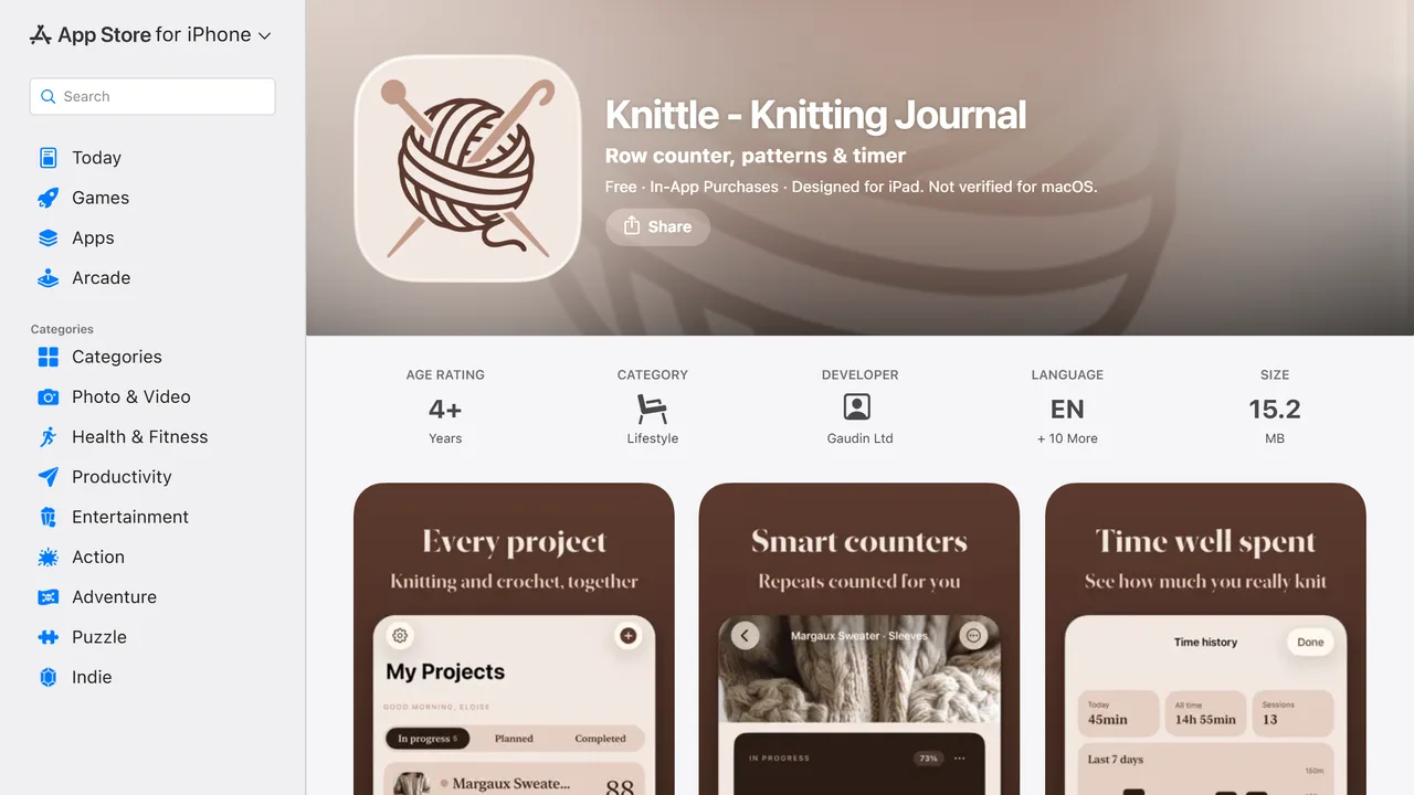 Knittle, notre propre application La fiche Knittle sur l'App Store, avec l'écran de comptage et le suivi du temps