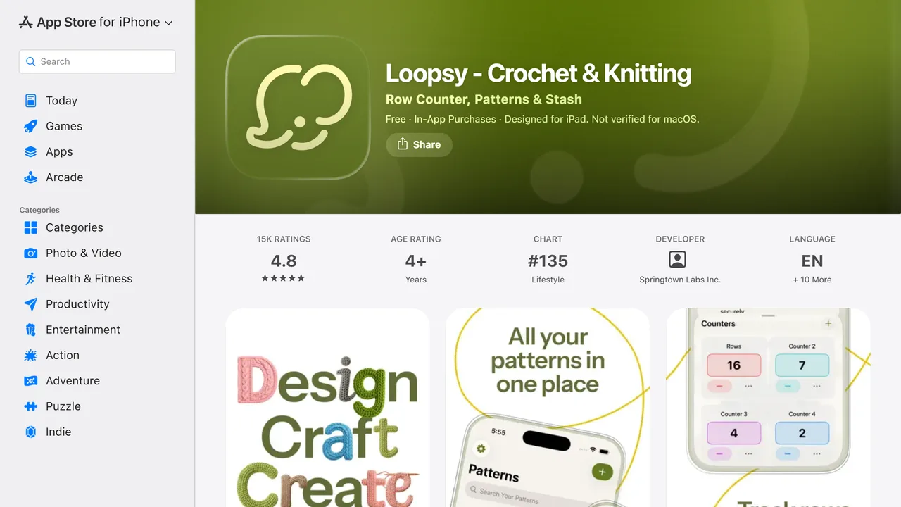 Loopsy, capture de septembre 2026 La fiche Loopsy sur l'App Store, avec ses 15 000 avis et ses captures