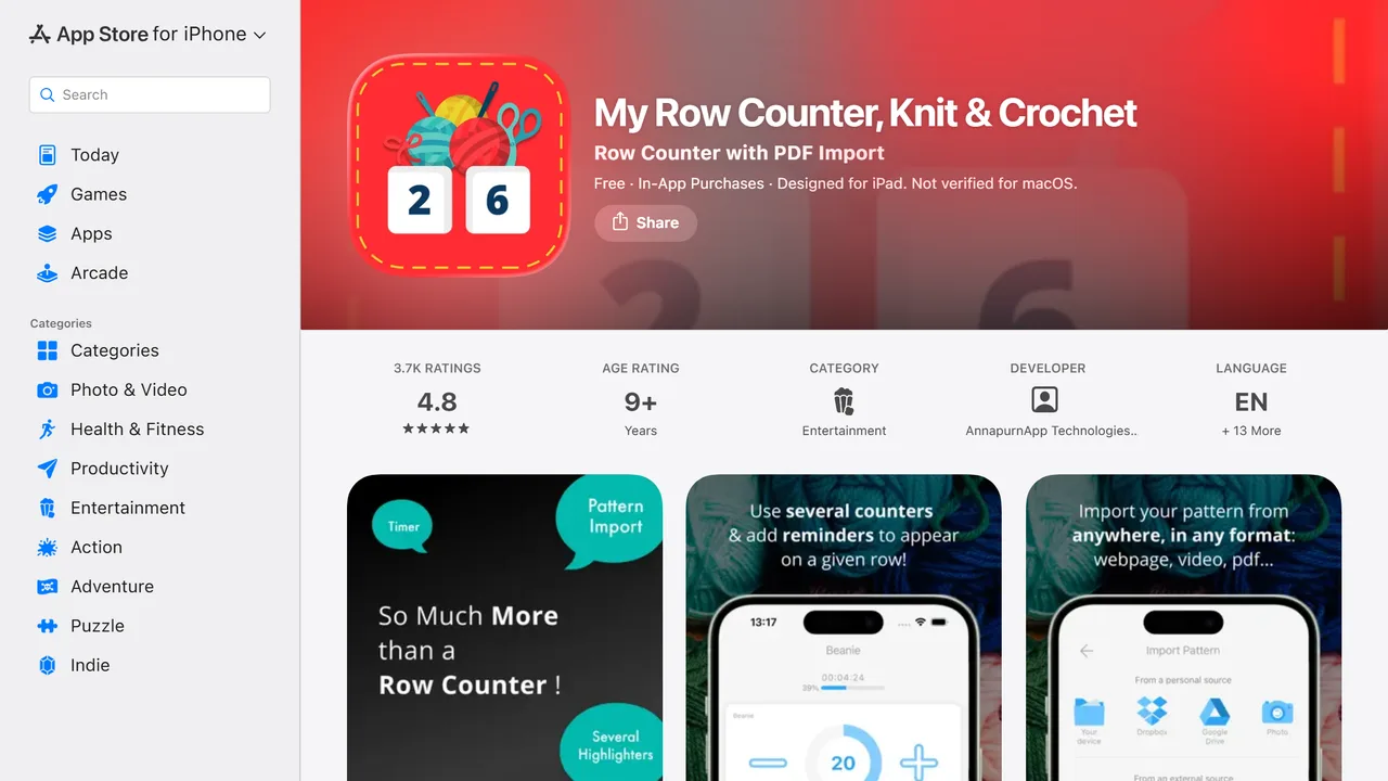 My Row Counter, capture de septembre 2026 La fiche My Row Counter sur l'App Store, avec ses 3 700 avis et ses captures