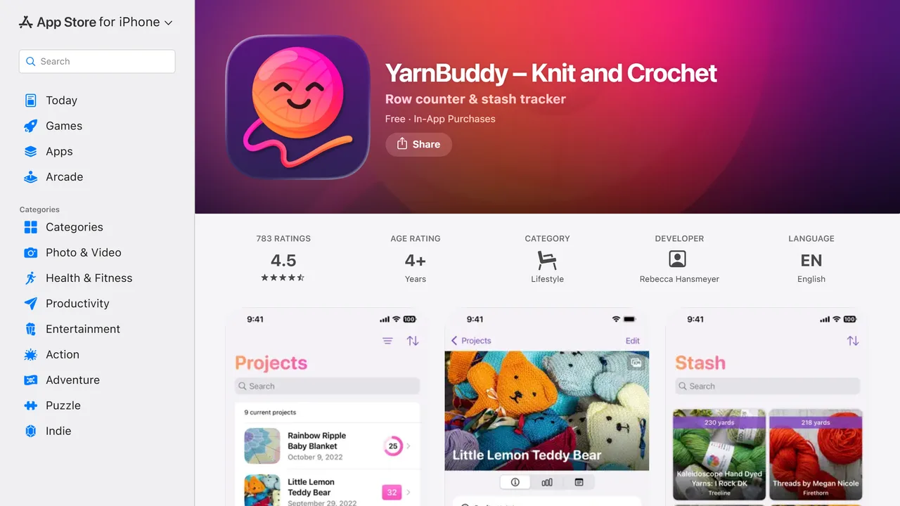 YarnBuddy, capture de septembre 2026 La fiche YarnBuddy sur l'App Store, avec ses 783 avis et ses captures