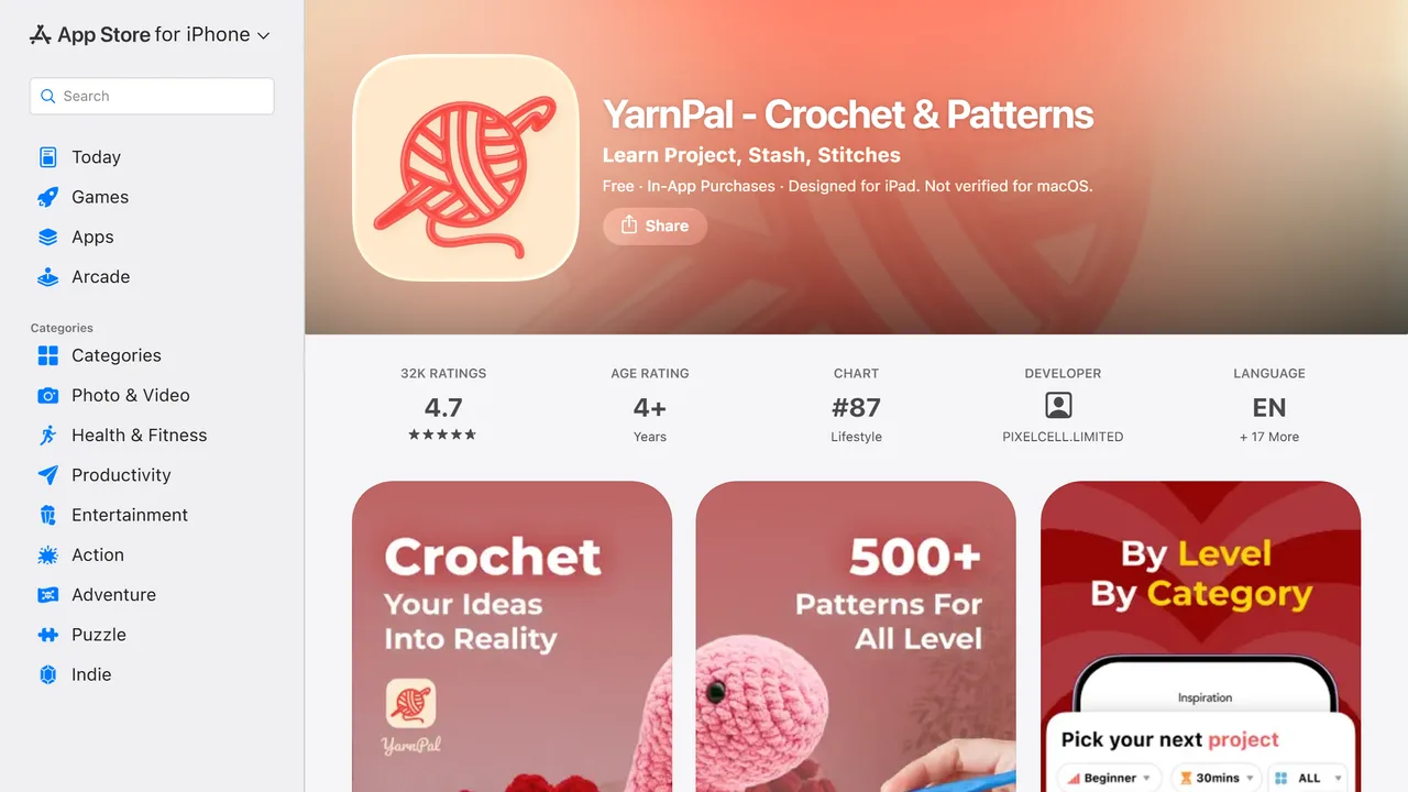 YarnPal, capture de septembre 2026 La fiche YarnPal sur l'App Store, avec ses 32 000 avis et ses captures