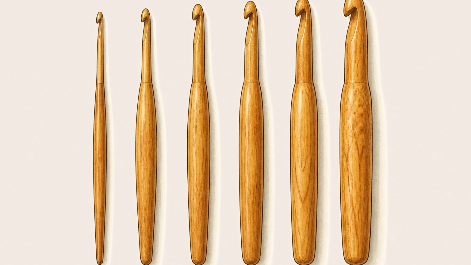 Illustrazione di sei uncinetti di legno affiancati, dal più sottile al più grosso, ognuno visibilmente più spesso del precedente