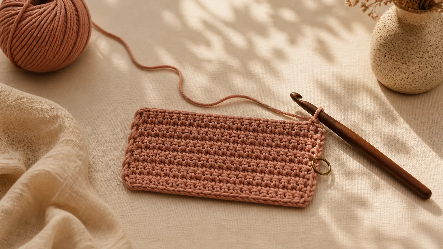 Un échantillon de crochet en cours de tournage, la chaînette de montée bien visible sur le bord, un crochet posé à côté