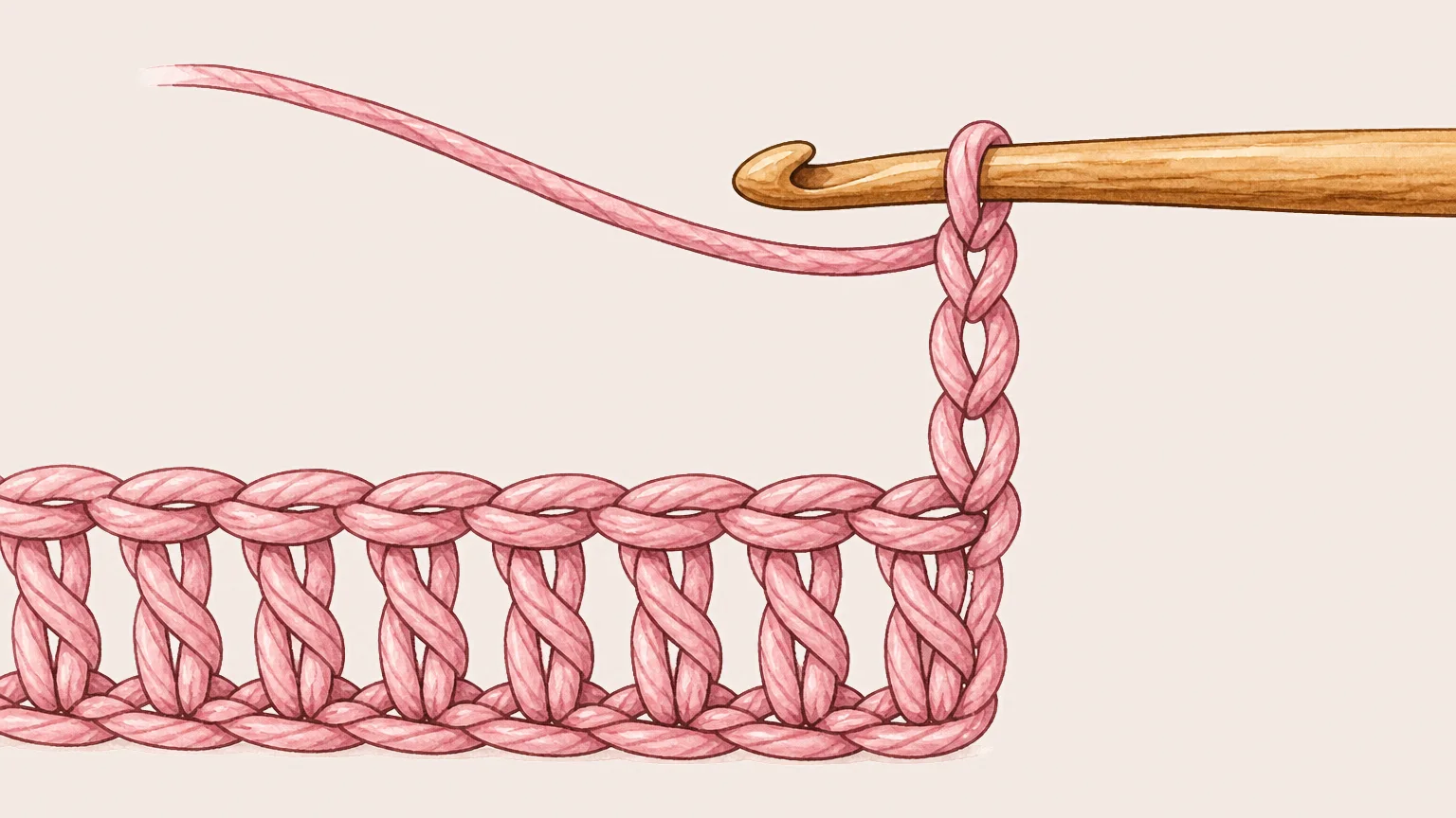 Illustration de la fin d'un rang de brides : la chaînette de montée de trois mailles en l'air se dresse au bord et le crochet tient la boucle de travail à son sommet