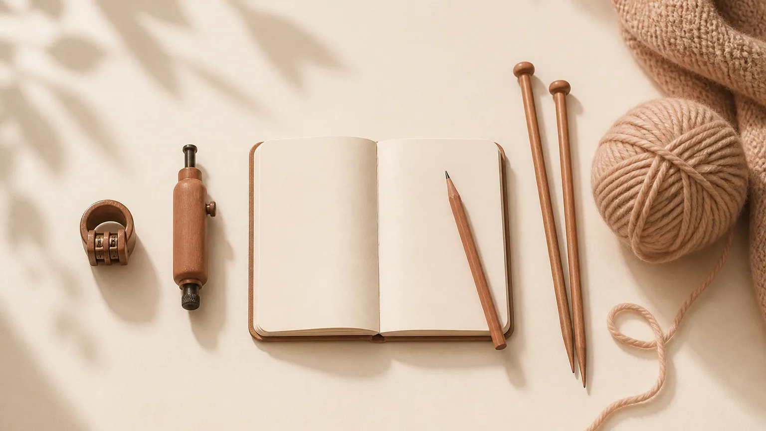 Une composition nette sur fond crème avec un compteur anneau, un cliqueur cylindrique et un petit carnet avec un crayon, près d'aiguilles en bois