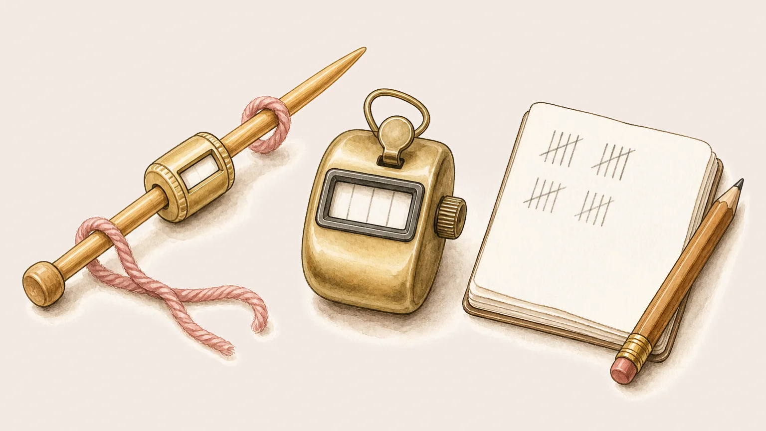 Illustration von drei Reihenzählern nebeneinander: ein Rollenzähler auf einer Holznadel, ein Messing-Klickzähler und ein kleines aufgeschlagenes Notizbuch mit Bleistiftstrichen