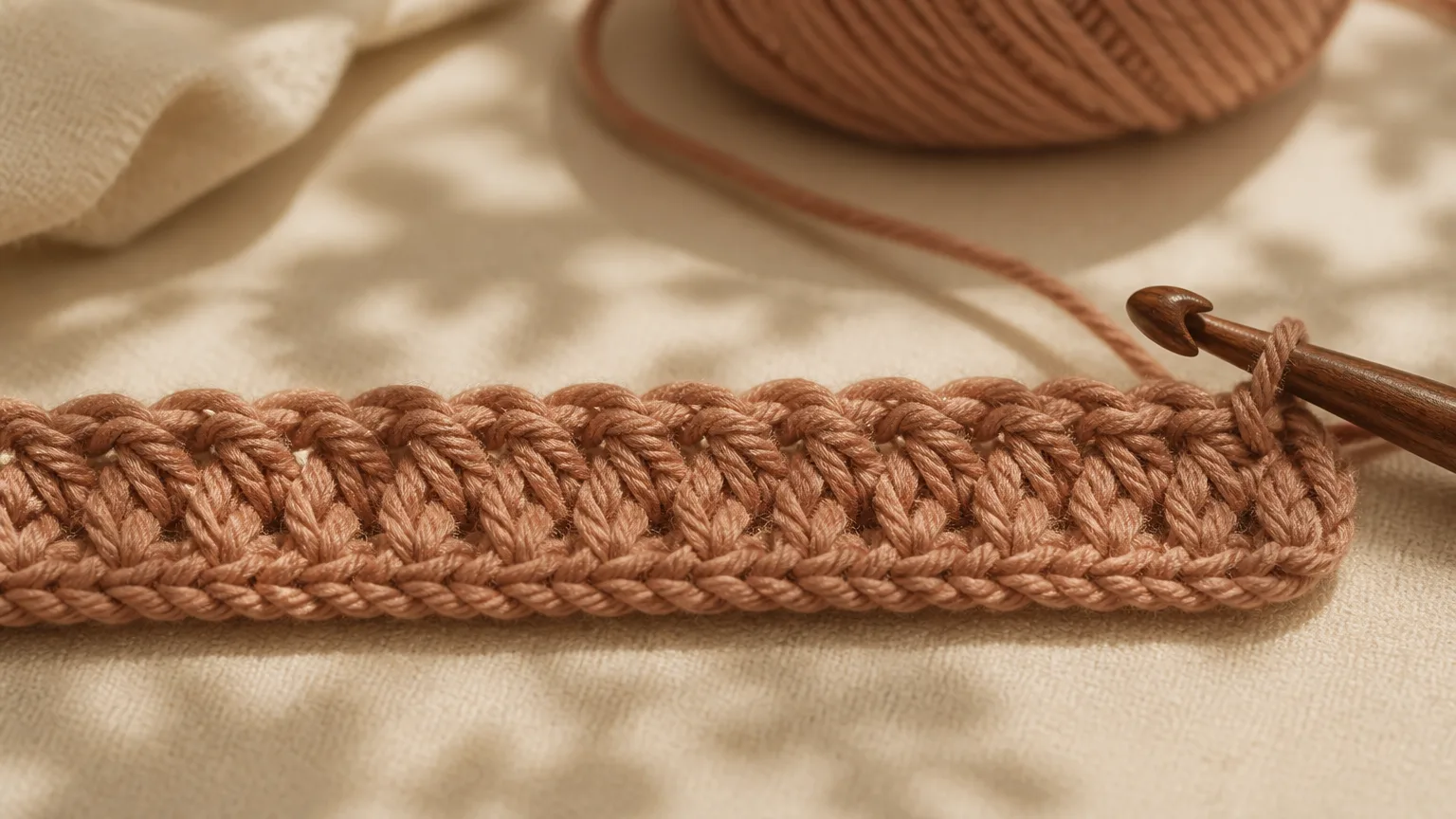 Le bord supérieur d'un rang de crochet vu de près, chaque sommet de maille formant un petit V couché, avec un crochet en bois et une pelote clay à côté