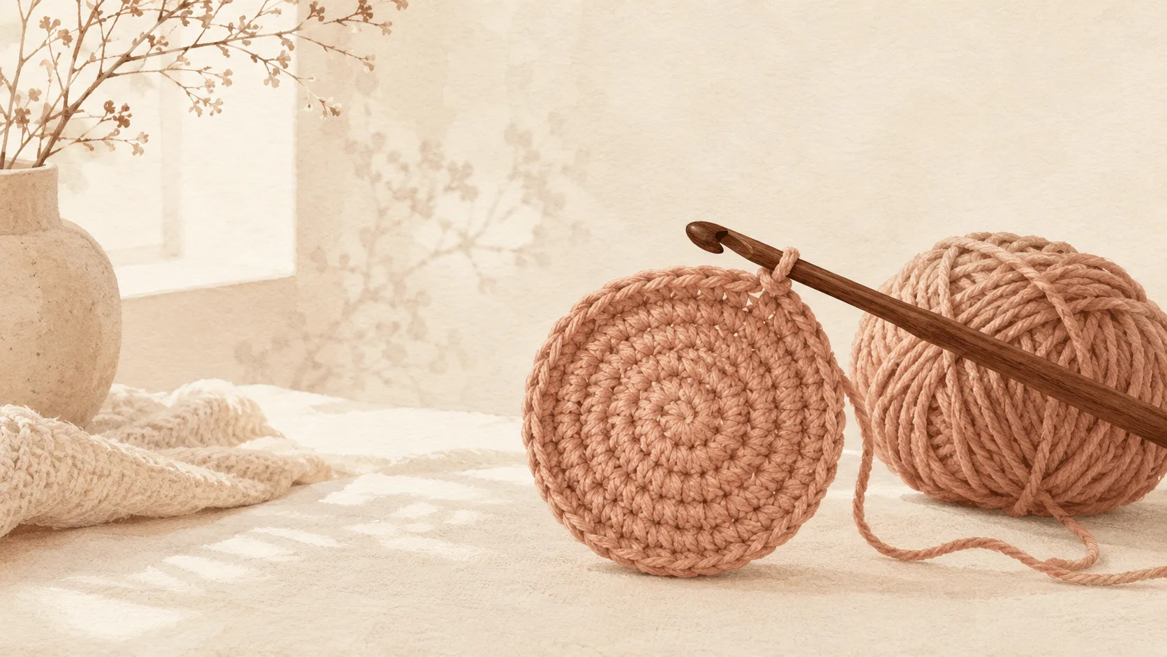 A small amigurumi ball in progress on a crochet hook, with the spiral rounds visible from the center out