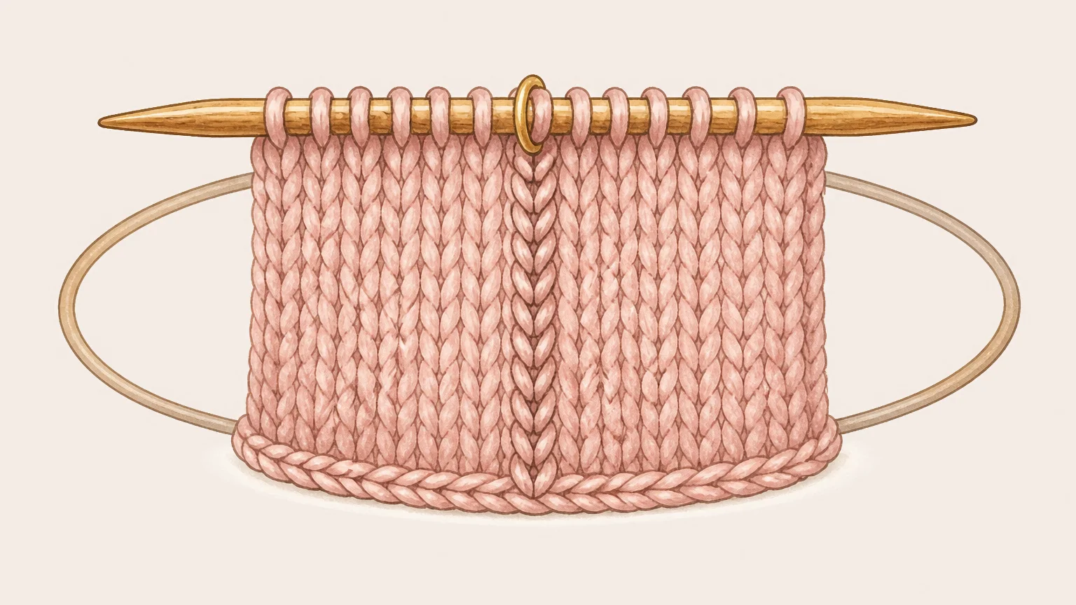 Uma coluna de pontos, lida do montado para cima: cada V é uma volta. Ilustração de um pequeno tubo em ponto meia tricotado em redondo numa agulha circular, uma coluna de pontos em V que se destaca como uma escada do montado até a agulha, um marcador de latão no início da volta