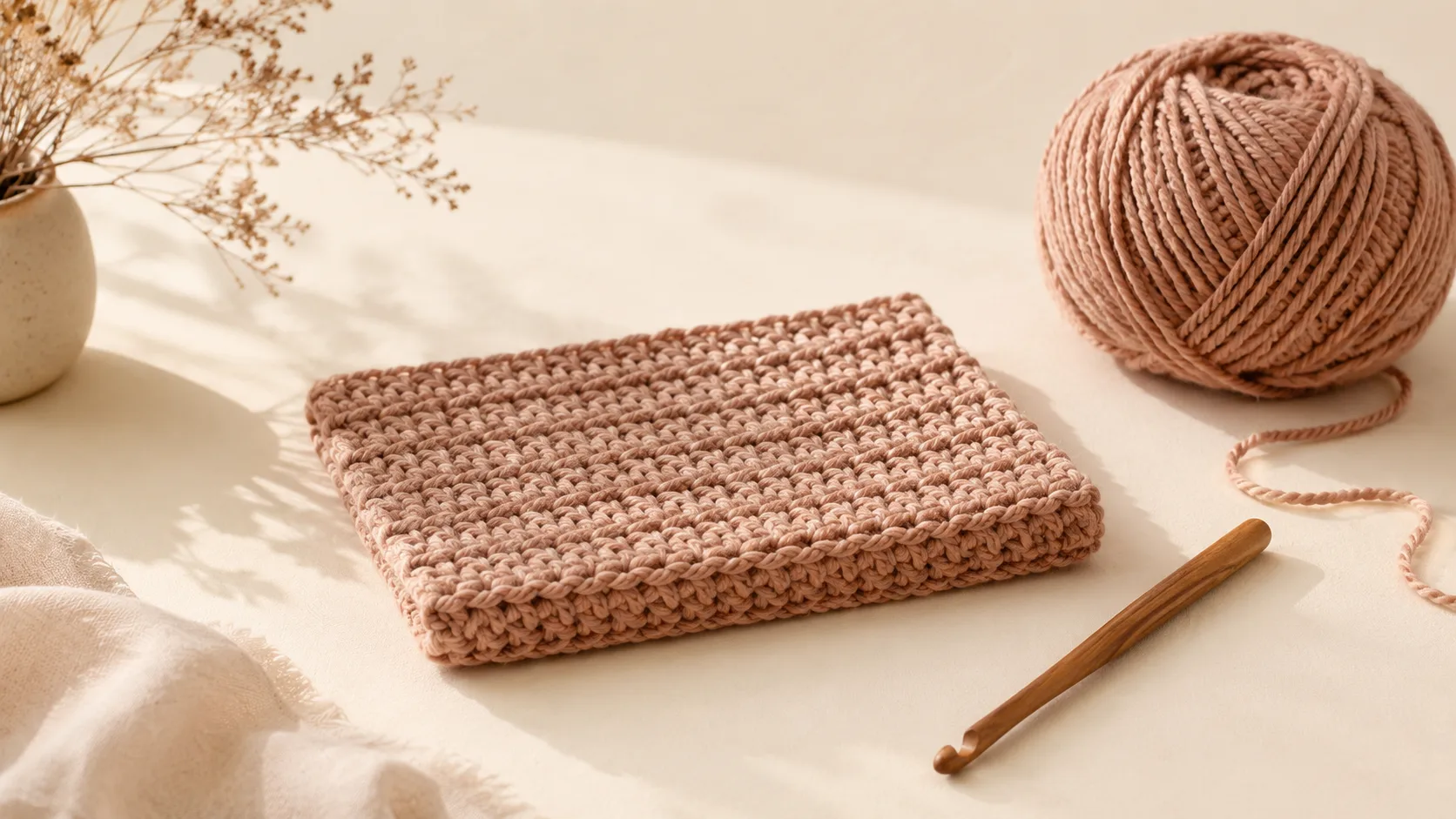 A crochet swatch held flat with the rows clearly visible up the side edge, next to a crochet hook