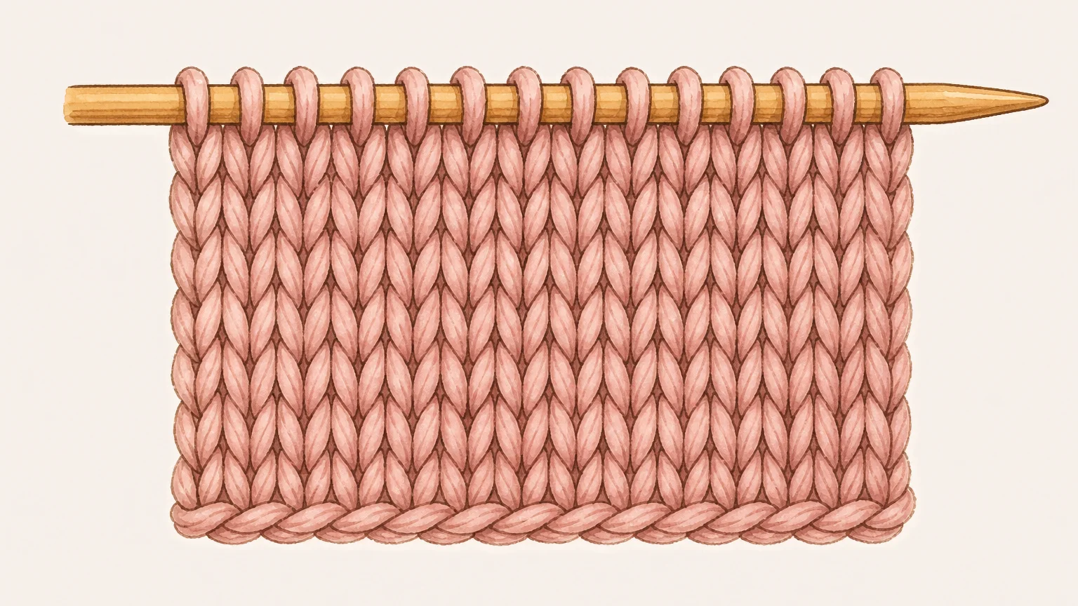 Stockinette, straight on: one horizontal line of Vs is one row. Illustration of a piece of stockinette knitting seen straight on, six rows of V shaped stitches stacked in neat columns, the live stitches held on a wooden needle along the top