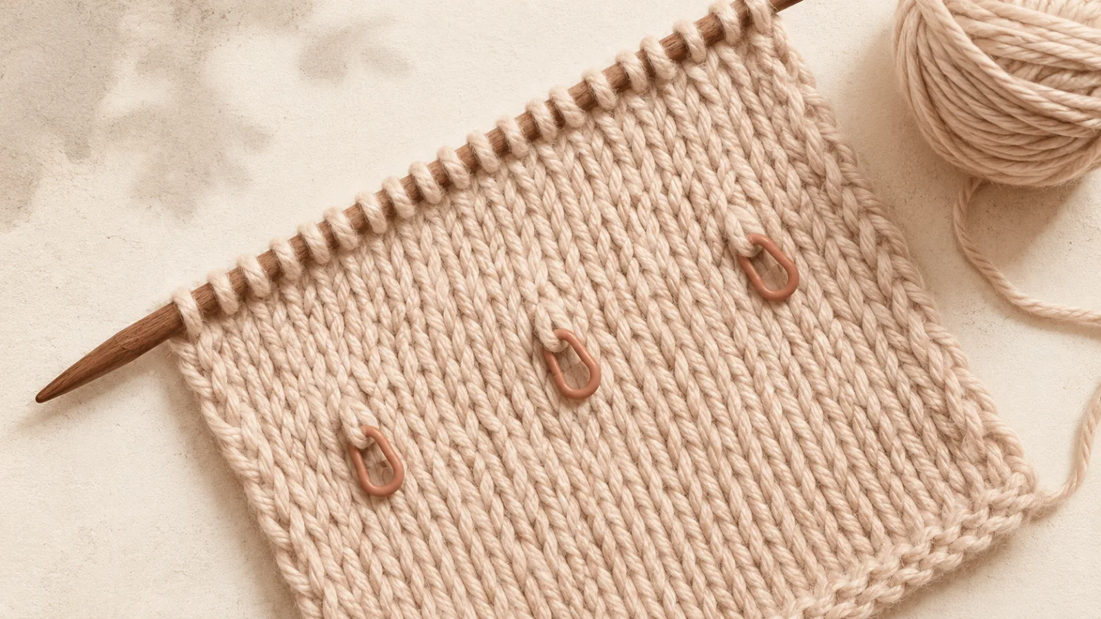 Ein glatt rechts gestricktes Musterstück auf Holznadeln, flach auf einer cremefarbenen Fläche liegend, mit deutlich sichtbaren Reihen aus V-Maschen, daneben ein Wollknäuel