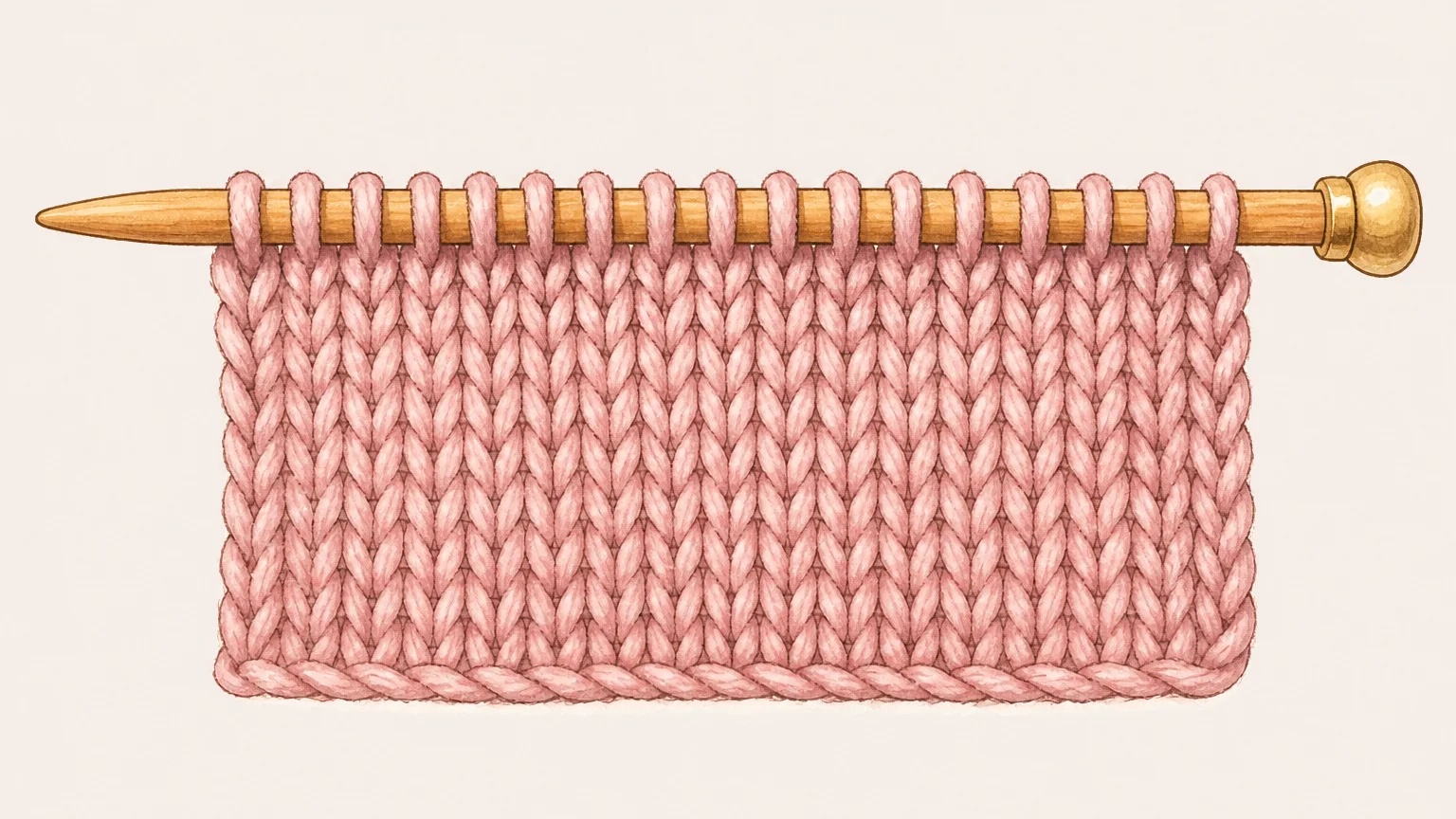 Ilustração de uma agulha de tricô de madeira na horizontal com uma carreira de pontos vivos em cima, cada laçada distinta, e o ponto meia pendurado embaixo com seus pontos em V em colunas