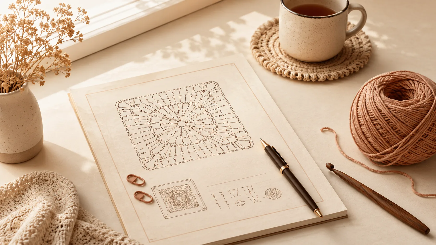 A printed crochet pattern showing abbreviations and a repeat section, next to yarn and a crochet hook