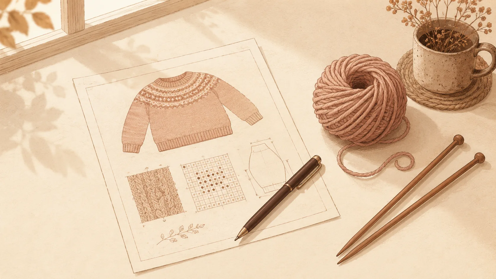 A printed knitting pattern with abbreviations and a repeat section, next to yarn and knitting needles