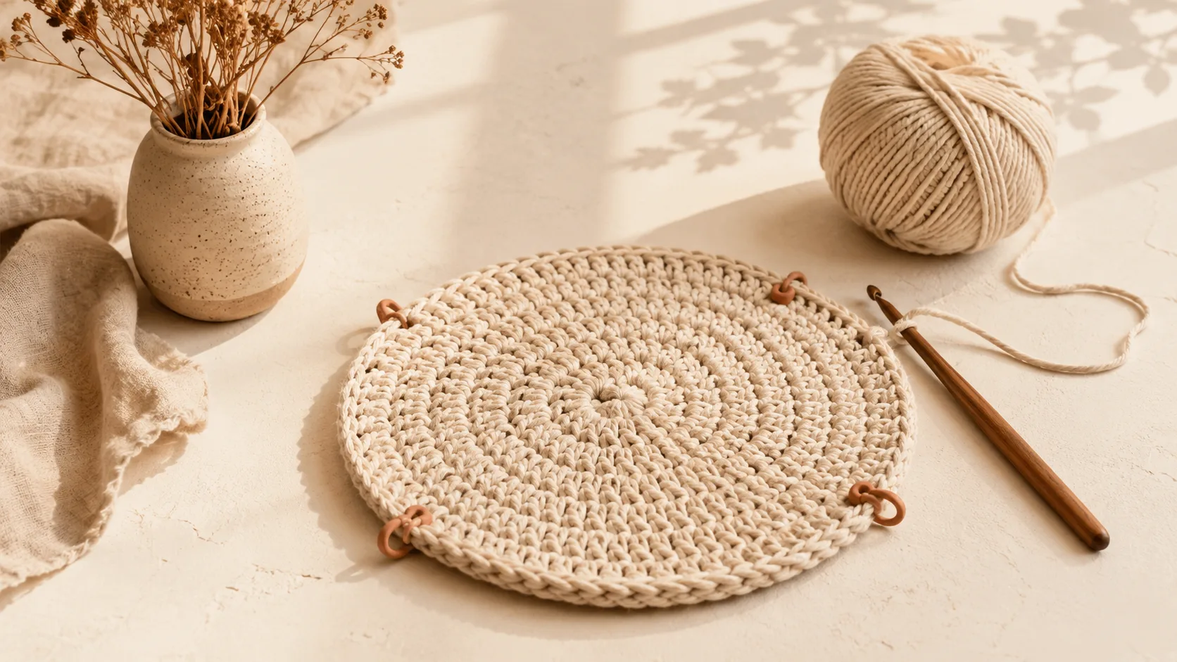 A crochet piece worked in the round with a colored locking stitch marker in the first stitch of the round