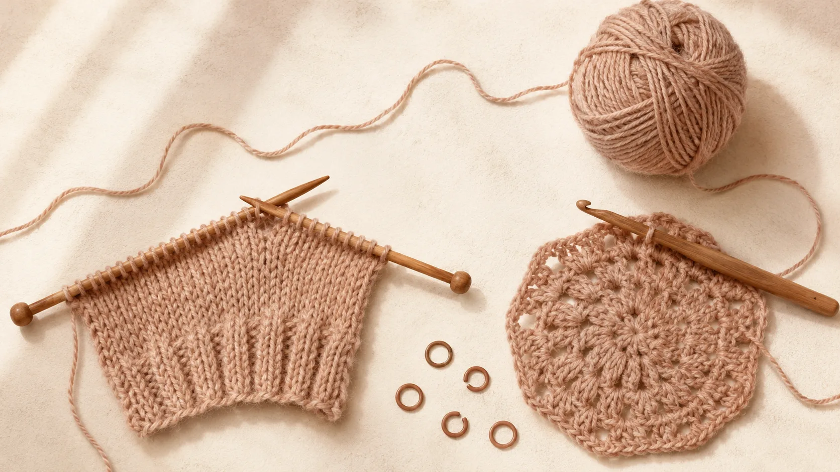 A maker using a phone row counter next to knitting needles, a crochet hook and a ball of yarn