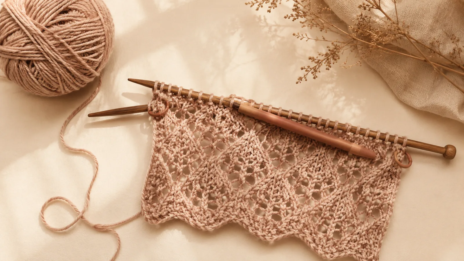 Eine halbfertige Lochmuster-Strickarbeit auf hölzernen Nadeln, mit einer Markierung auf der aktuellen Reihe, daneben ein Wollknäuel und Maschenmarkierer
