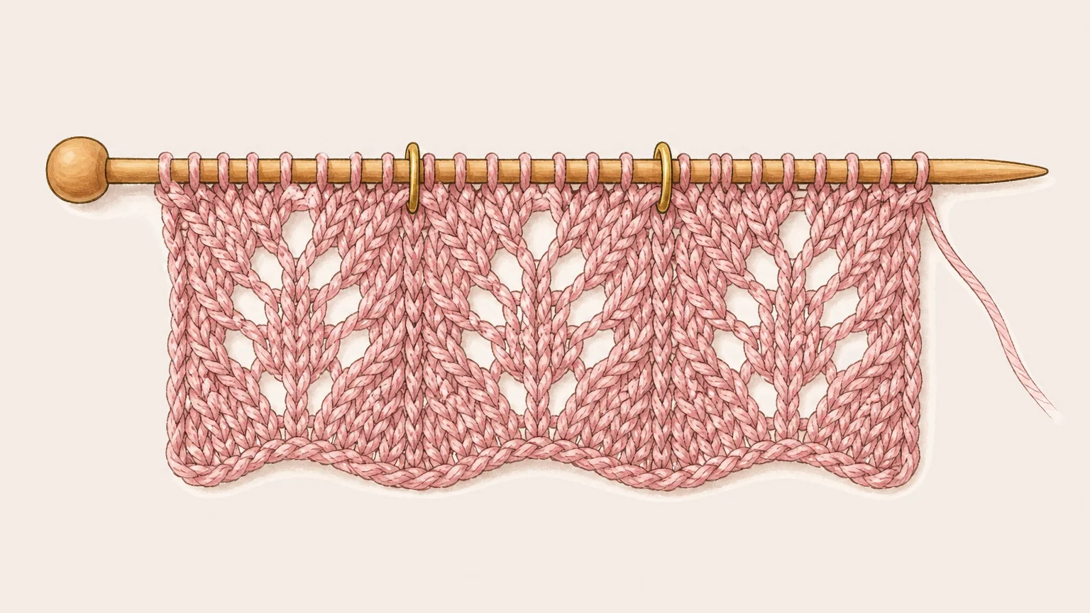 Illustration of a lace knitting swatch on a wooden needle with a repeating leaf motif of eyelets, brass ring markers on the needle between each repeat