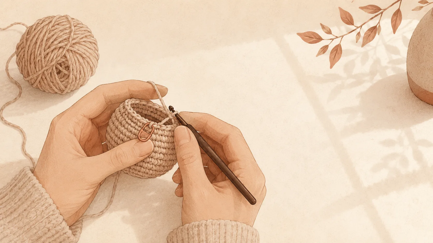 Hands holding a crochet piece worked in the round, looking for the start of the round with a stitch marker