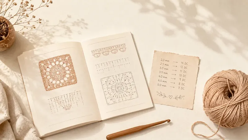 A crochet pattern page next to a US to UK stitch conversion chart, with a crochet hook and yarn