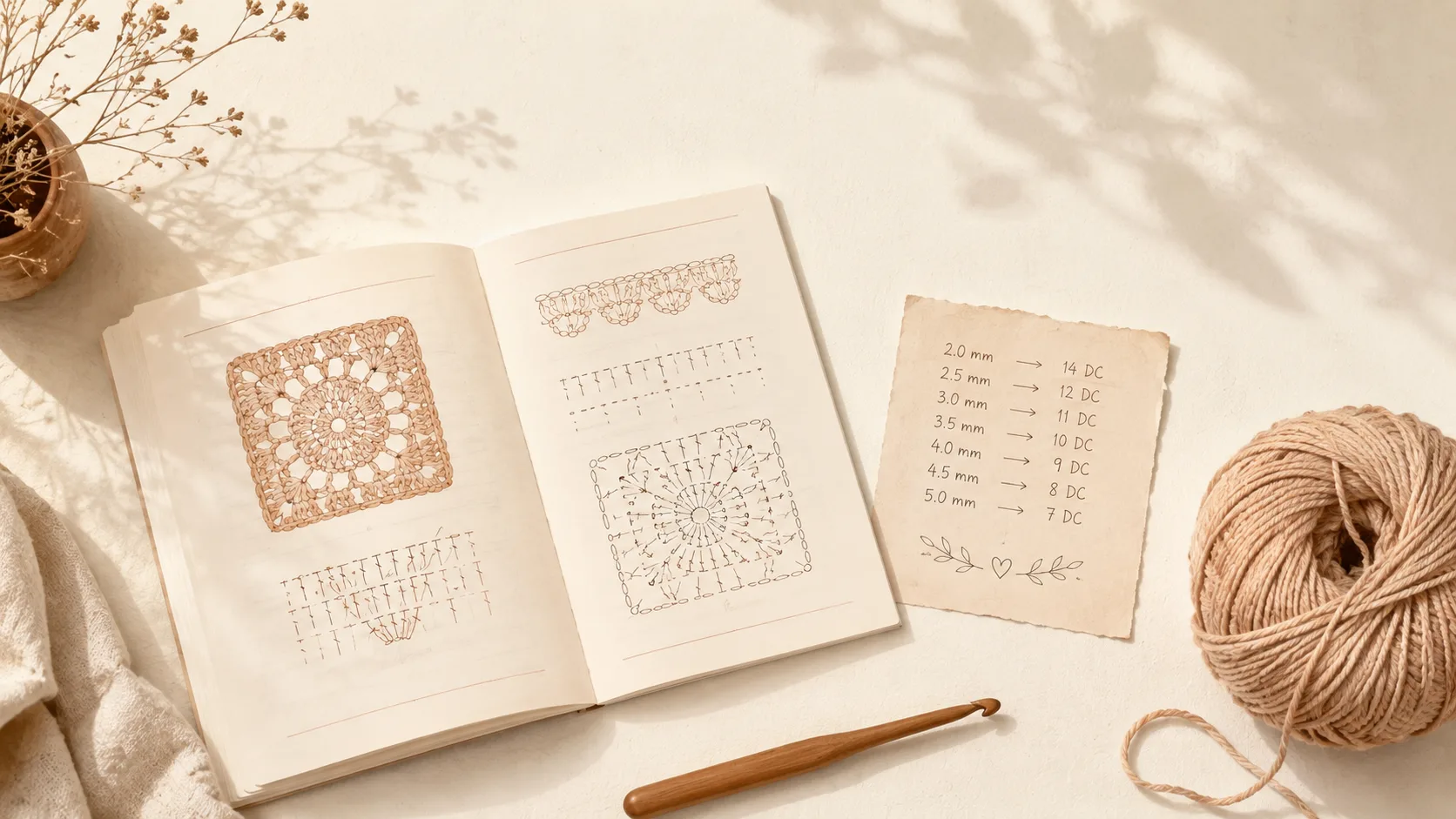 A crochet pattern page next to a US to UK stitch conversion chart, with a crochet hook and yarn