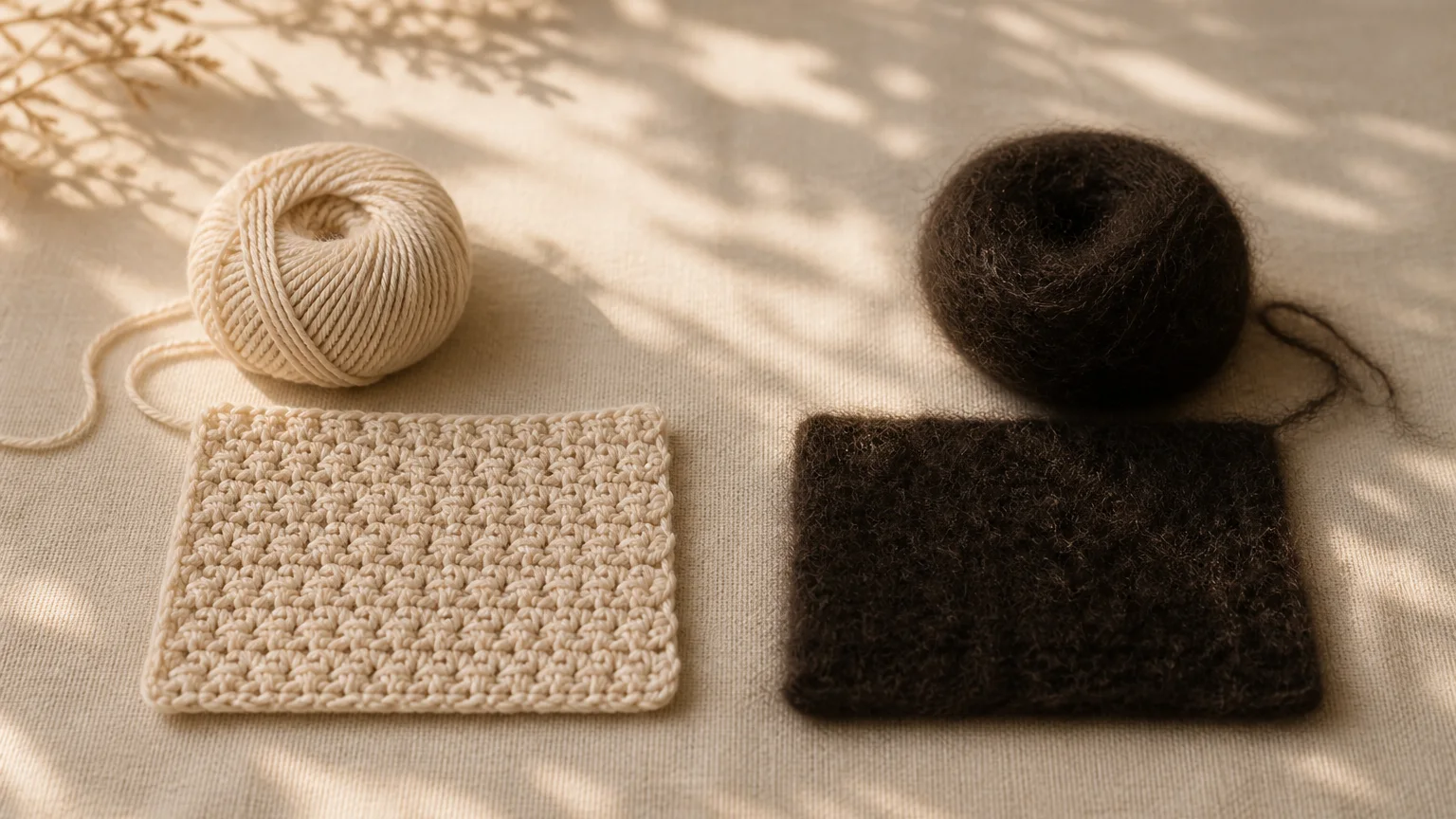 Photo of two crochet swatches of the same stitch side by side, one in pale oatmeal yarn where every stitch is distinct, one in dark fuzzy yarn where the stitches merge into one mass
