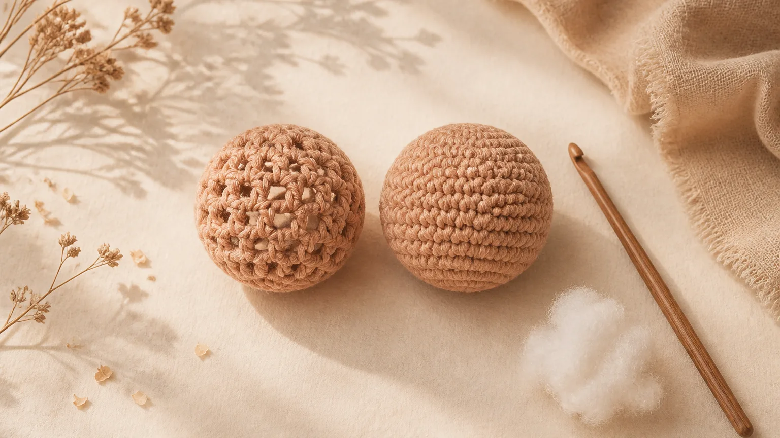 Deux petites boules d'amigurumi cote a cote, l'une avec des trous visibles entre les mailles et l'autre bien dense