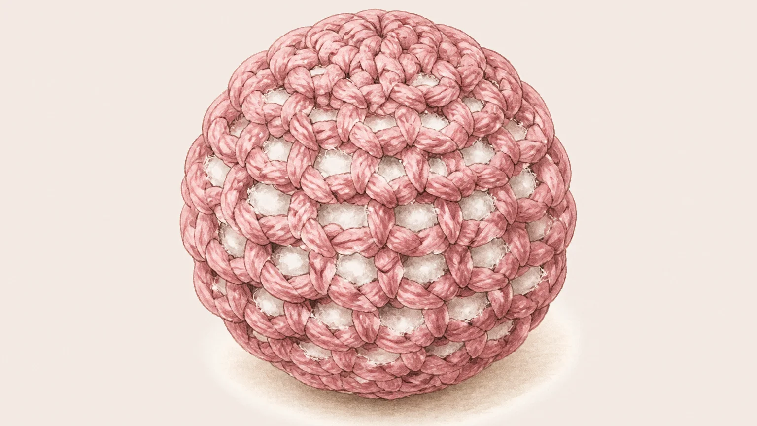 Stitches worked too loosely: the stuffing finds every gap. Illustration of a small amigurumi ball whose stitches are worked too loosely, with open gaps between them and white stuffing showing through
