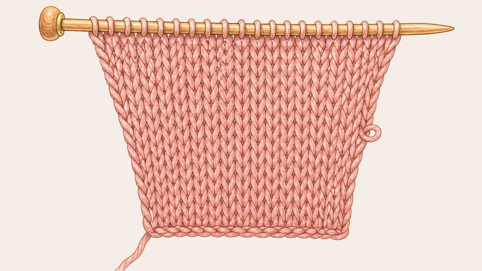 Illustration of a stockinette swatch that is narrow at the cast-on and clearly wider at the needle, both side edges slanting outward, with one accidental extra loop visible at one edge