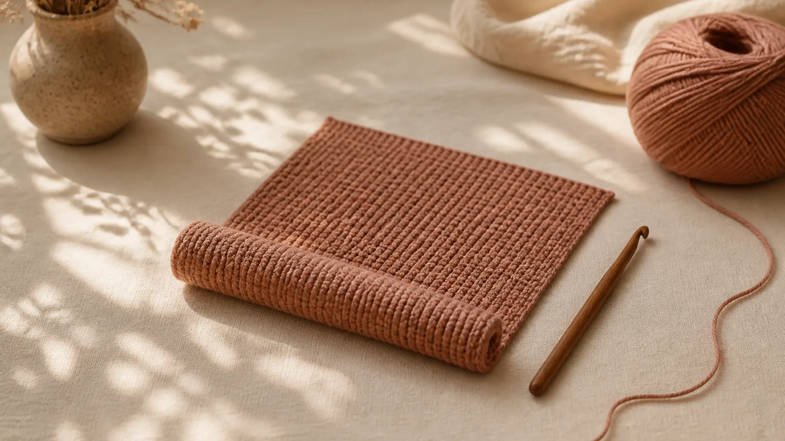 A crochet swatch lying flat with its bottom edge curling up towards the camera, a wooden hook and a ball of clay coloured yarn beside it