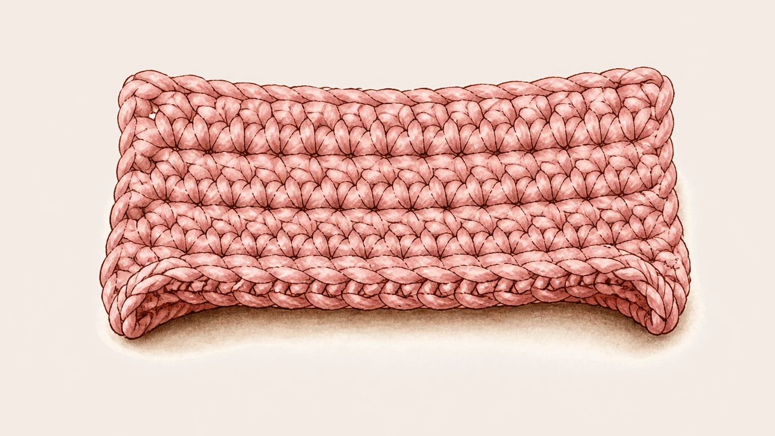 A foundation chain tighter than the rows above it: the corners pull in and the bottom edge rolls up. Illustration of a crochet swatch whose bottom edge, made on a foundation chain that is tighter than the rows above, pulls in at both corners and curls up
