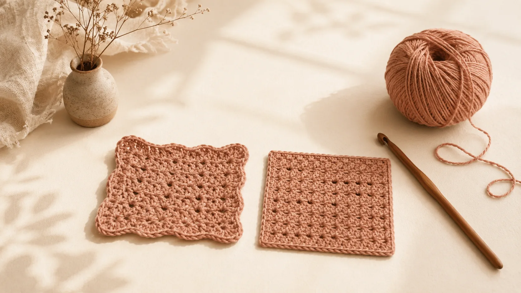 Two crochet swatches side by side, one with wavy uneven edges and one lying flat with straight edges
