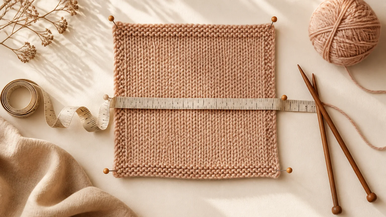 Un echantillon de tricot bloque, pose a plat, avec un metre ruban en travers de son centre et une paire d'aiguilles a cote