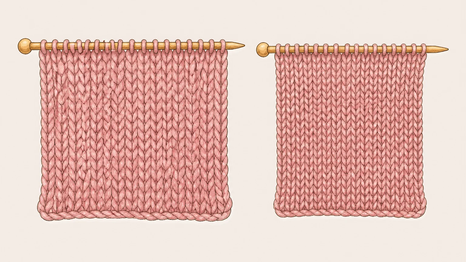 Illustration of two stockinette swatches side by side with the same number of stitches across, one larger and looser, the other smaller and denser