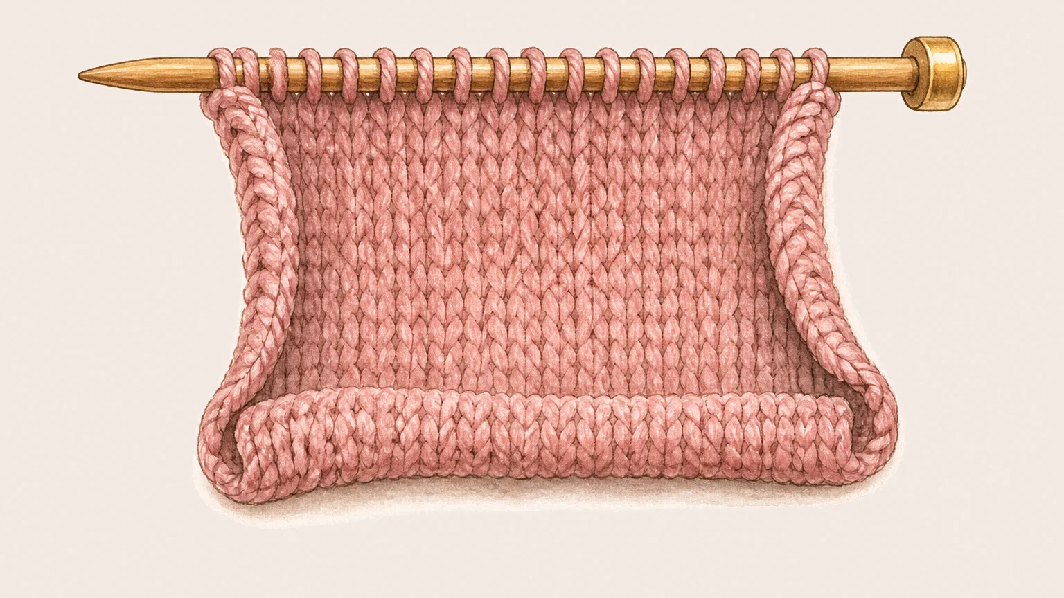 Stockinette curls on its own. It is the fabric, not your tension. Illustration of a plain stockinette swatch on a wooden needle whose side edges roll inward and whose bottom edge rolls up, the fabric curling by itself