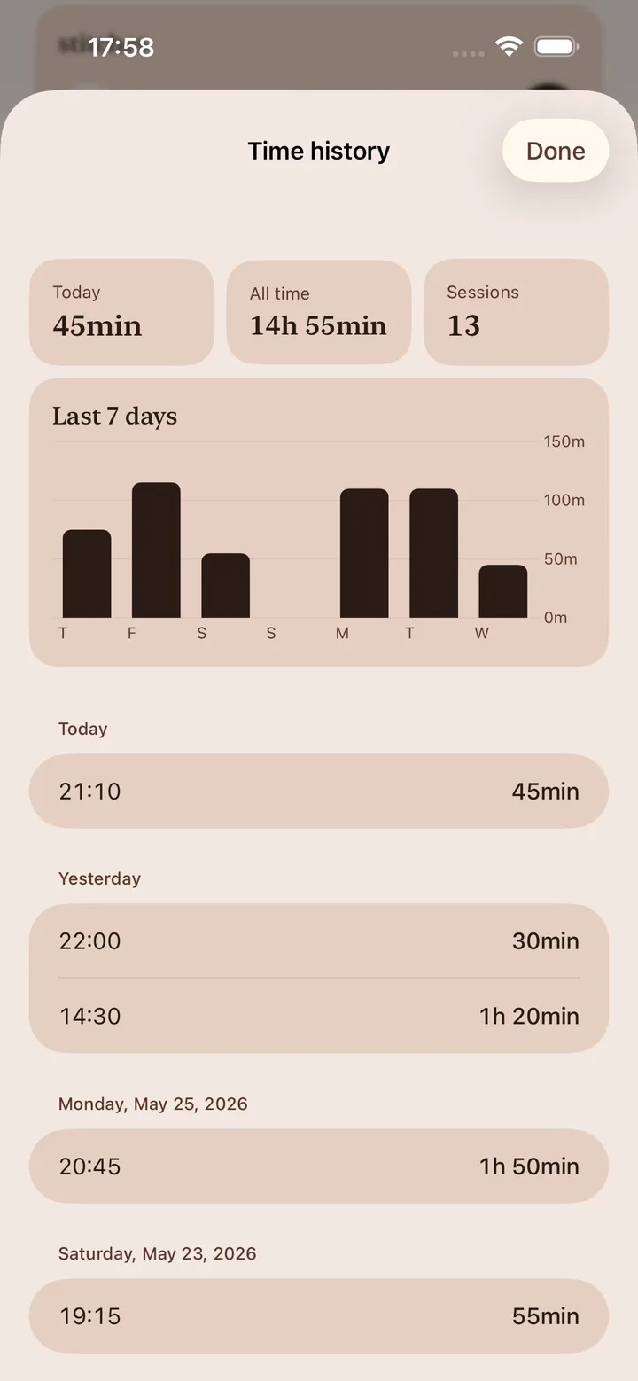 Time history screen with today, all-time and session totals, a seven-day bar chart and a list of past sessions with durations.