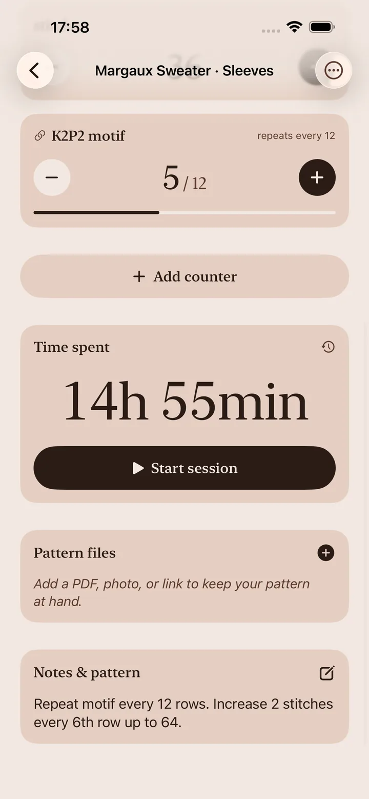 Notes and pattern screen for a project, with a motif counter, a time spent card with a Start session button, and pattern files.