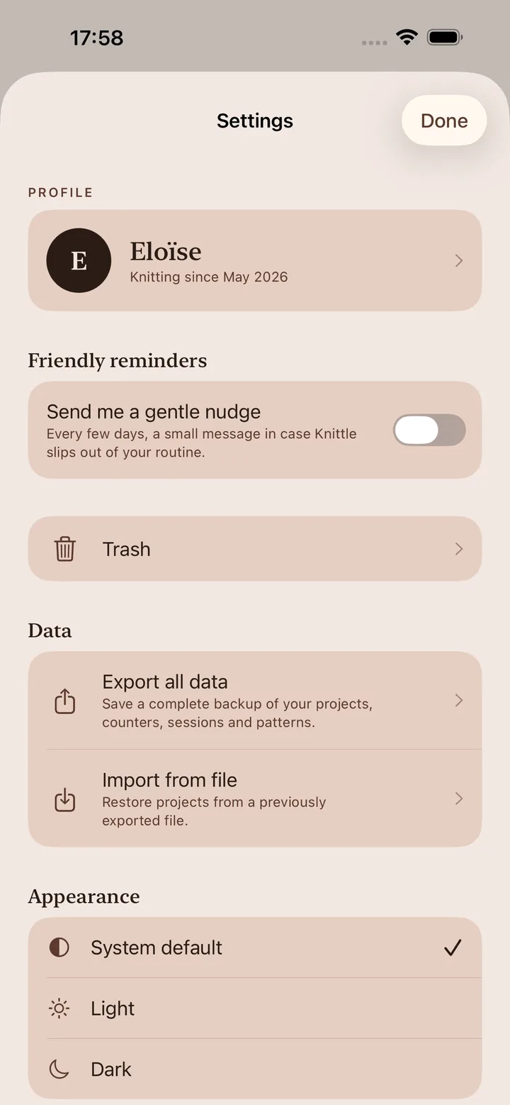 Settings screen with a profile card, a friendly-reminders toggle, data export and import, and a light or dark appearance picker.