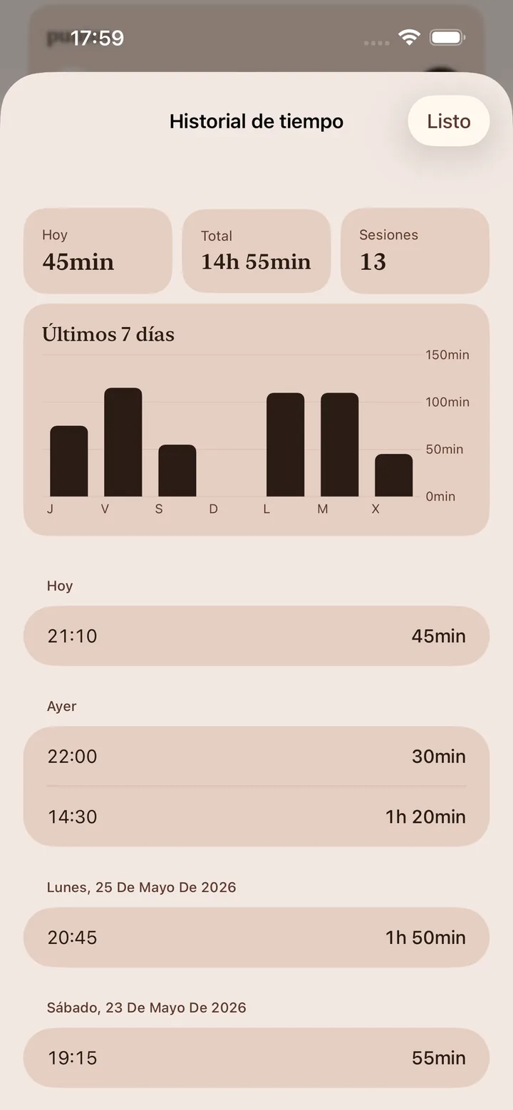 Pantalla del historial de tiempo con totales de hoy, total acumulado y sesiones, un gráfico de barras de 7 días y la lista de sesiones pasadas con su duración.