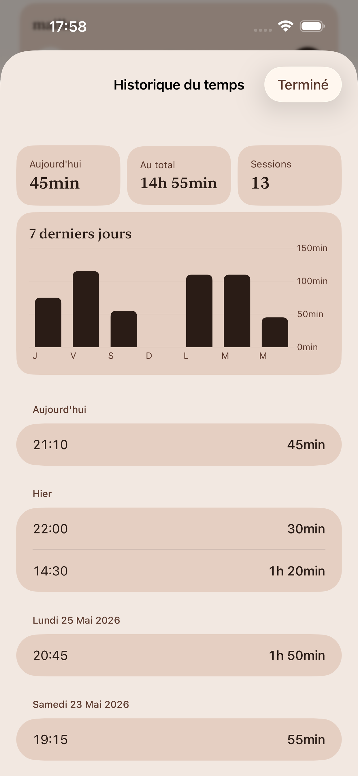 Écran historique du temps avec totaux du jour, total cumulé et sessions, un graphique des 7 derniers jours et la liste des sessions passées avec leur durée.
