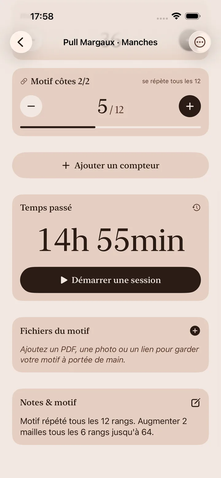 Écran notes et patron d'un projet, avec un compteur de motifs, une carte temps passé avec bouton Démarrer une session, et fichiers de patron.