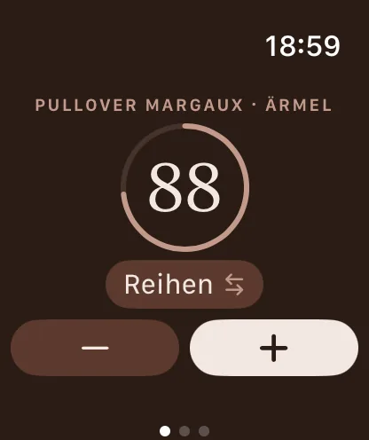 Apple-Watch-Bildschirm mit dem Reihenzähler bei 88, mit Fortschrittsring und Plus- und Minus-Tasten.