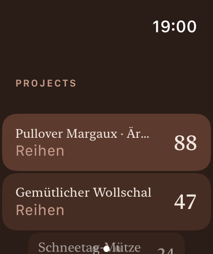 Projektlisten-Bildschirm auf der Apple Watch mit mehreren Projekten zur Auswahl.
