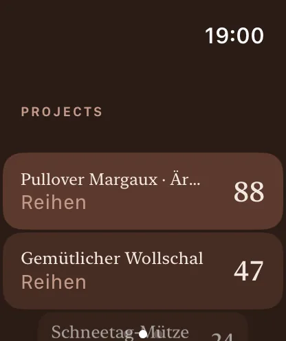 Projektlisten-Bildschirm auf der Apple Watch mit mehreren Projekten zur Auswahl.