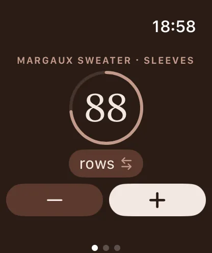 Apple Watch screen showing the row counter at 88, with progress ring, plus and minus buttons.