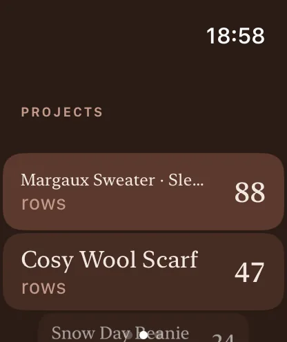 Apple Watch project list screen with several projects to pick from.
