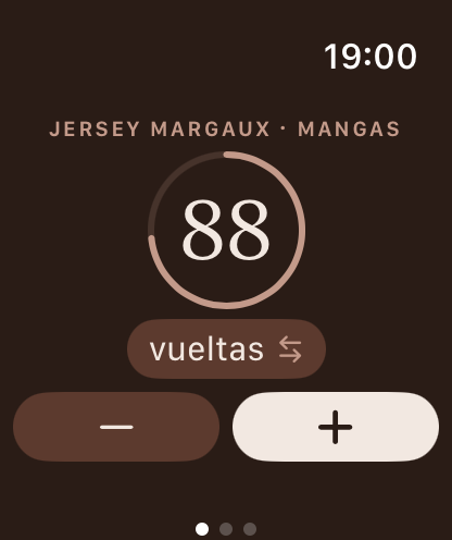 Pantalla de Apple Watch mostrando el contador de vueltas en 88, con anillo de progreso y botones más y menos.