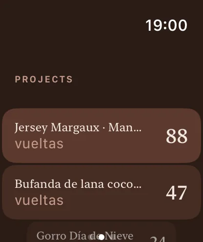 Pantalla de lista de proyectos en Apple Watch con varios proyectos para elegir.